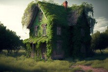 Dirty Rural Abandoned House Covered With Green Overgrown Trees, Created With Generative Ai