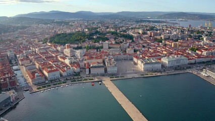 Wall Mural - 4k drone forward video (Ultra High Definition) of Trieste city, Italy, Europe. Wonderful summer seascape of Adriatic sea. Traveling concept background.