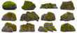 mossy rocks, collection of overgrown stones isolated on white background, generative ai