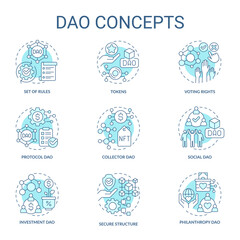 Decentralized autonomous organizations turquoise concept icons set. Digital network idea thin line color illustrations. Isolated symbols. Editable stroke. Roboto-Medium, Myriad Pro-Bold fonts used
