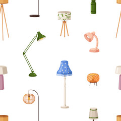 Fototapete - Seamless pattern, floor and table lamps. Interior illumination, light, endless background design. Lampshades, nightlights, repeating print, texture. Printable flat cartoon vector illustration