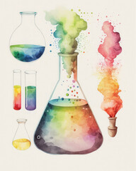 Wall Mural - Chemistry lab equipment. Watercolor illustration on white. Generative AI