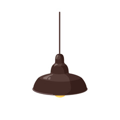 Pendant ceiling lamp. Electric light with suspended metal shade, hanging on cord. Chandelier, home illumination in modern retro style. Flat cartoon vector illustration isolated on white background