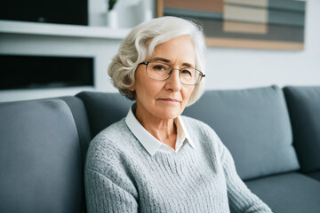 Wall Mural - Sad tired ill sick lonely disappointed caucasian old elderly senior woman grandmother sitting on the sofa couch, feeling nostalgy, pain, missing grandchildren, bankruptcy, fraud at home. Generative ai