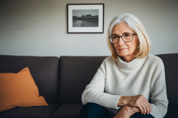 Wall Mural - Sad tired ill sick lonely disappointed caucasian old elderly senior woman grandmother sitting on the sofa couch, feeling nostalgy, pain, missing grandchildren, bankruptcy, fraud at home. Generative ai