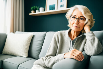 Wall Mural - Sad tired ill sick lonely disappointed caucasian old elderly senior woman grandmother sitting on the sofa couch, feeling nostalgy, pain, missing grandchildren, bankruptcy, fraud at home. Generative ai