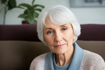 Wall Mural - Sad tired ill sick lonely disappointed caucasian old elderly senior woman grandmother sitting on the sofa couch, feeling nostalgy, pain, missing grandchildren, bankruptcy, fraud at home. Generative ai