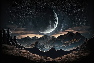 Wall Mural - night sky in the distance. moon atop the peaks. moon and starry night landscape. generative ai