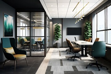 Wall Mural - a high-tech open office with sleek furniture, advanced technology, and virtual meeting rooms., created with generative ai