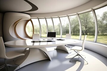 Canvas Print - a futuristic open office with curved white walls and a sleek glass conference table., created with generative ai