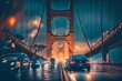 Majestic Golden Gate Bridge Illuminated by Cars, AI Generated