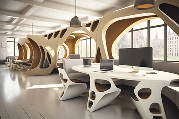 Canvas Print - a futuristic open office with a large, central communal table and flexible seating arrangements., created with generative ai