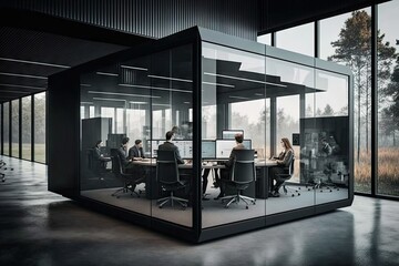 Poster - a futuristic open office with a transparent glass wall that allows employees to work in an outdoor environment., created with generative ai