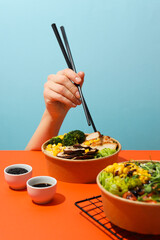 Wall Mural - Bowls with tasty and nutritious food, delicious homemade lunch