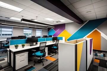 Sticker - an ultra-modern open office space with sleek design, vibrant colors and technology., created with generative ai