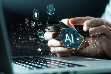 Poster - Hand touching digital chatbot for provide access to information and data in online network, robot application and global connection, AI, Artificial intelligence, innovation and technology