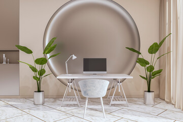 Contemporary light office interior with furniture and equipment, decorative round pattern on wall. 3D Rendering.