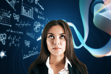 Aufkleber - Portrait of attractive pensive young european businesswoman with glowing mathematical formulas hologram on blurry blue background. Equation, digital data and mathematics app concept.