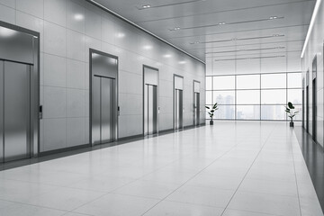 Poster - Perspective view on modern blank business center corridor area with place for product presentation on light glossy floor between elevators on city view background from window. 3D rendering, mock up