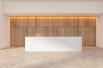 Front view on blank modern white stylish reception desk with place for your presentation on light concrete floor and wooden wall background in spacious business center hall. 3D rendering, mockup