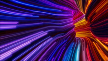 Wavy Neon Lines Tunnel With Orange, Pink And Turquoise Streaks. 3D Render.
