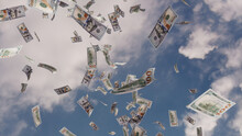 Banknotes Falling From The Sky. One Hundred Dollar Bills Against Cloudy Sky Backdrop. Prosperity Concept.