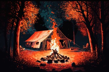 Sticker - camp fire in backyard,red and orange flames. Generative AI