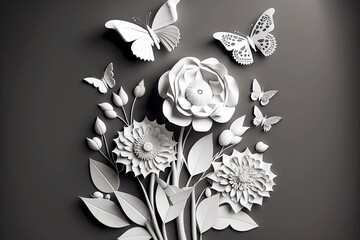 composition of white 3d rendering paper flowers with butterfly on gray background, generative ai, created with generative ai