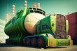 futuristic cargo truck of future painted with green color stands at steamship port, created with generative ai