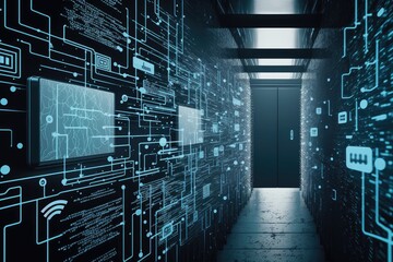 Poster - image of data processing over a server room with a qr code. digitally produced concept graphic of gl