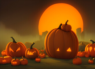 Wall Mural - pumpkin Halloween monsters, pumpkins with carved faces in horror cute  style, generative ai