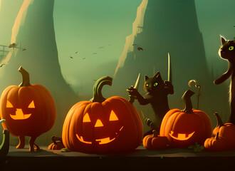 Wall Mural - pumpkin Halloween monsters, pumpkins with carved faces in horror cute  style, generative ai