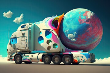 Canvas Print - futuristic cargo truck of future with futuristic bright design and lovely planet in sky, created with generative ai