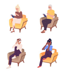 Fototapete - People with mobile phones and headphones semi flat color vector characters set. Editable full body figures on white. Simple cartoon style spot illustration for web graphic design and animation