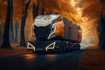 Canvas Print - futuristic cargo truck of future standing in evening on empty road among autumn trees, created with generative ai