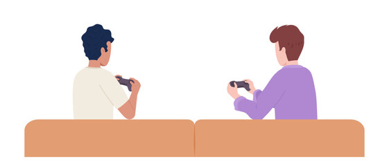 Poster - Two male friends with gamepads on couch semi flat color vector characters. Editable figures. Half body people on white. Simple cartoon style spot illustration for web graphic design and animation