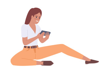 Poster - Relaxed girl playing on game console semi flat color vector character. Editable figure. Full body person on white. Simple cartoon style spot illustration for web graphic design and animation