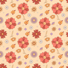Poster - Retro floral decoration seamless pattern background. Fully editable 2D flat color illustration. Trendy cartoon vector graphics. Creative backdrop image for textile, fabric, wallpaper design