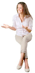 portrait of a young pretty woman sitting isolated on background