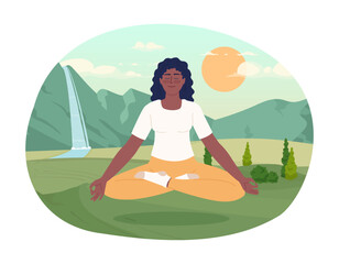 Poster - meditation 2d vector isolated spot illustration. mindfulness practice. woman doing yoga in peaceful 
