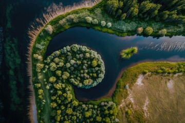 Poster - Top view of wetlands near a woodland with trees, reeds, and a river. Beautiful summer scenery as seen from a drone. abstract picture of the outdoors. Generative AI