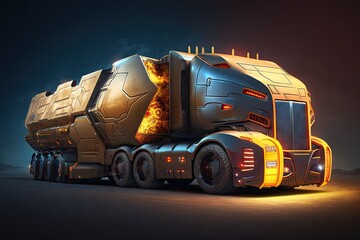 Canvas Print - futuristic cargo truck of future with powerful engine and shining lights, created with generative ai