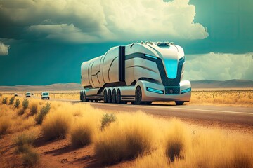 Canvas Print - scene with futuristic cargo truck of future driving on country road, created with generative ai