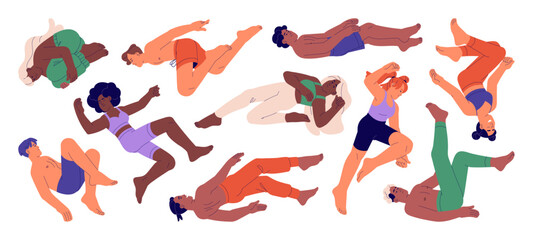 Poster - People flies set. Young characters floating, soaring, flying, falling in air. Happy weightless men, women in motion poses, positions in flight. Flat vector illustrations isolated on white background