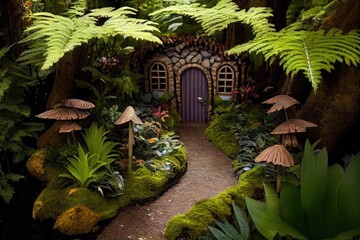  Fairy House Toadstool Whimsical Fern Lush Green Earth Garden Warden Rock Stone Background Scene