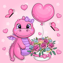 Cute Cartoon Pink Dragon With Flowers And Balloon. Vector Illustration Of An Animal On A Pink Background With Hearts And Butterflies.