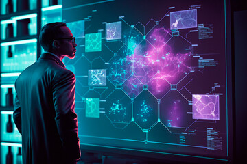 A scientist examining a holographic display of complex chemical formulas and data.