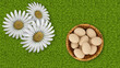 Illustrazione 3D. Primavera, estate, Pasqua. Cestino di uova con prato e farfalle, sullo sfondo cielo e alberi. Margherite e fiori colorano il prato verde..