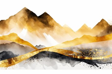 Poster - Golden mountains with sharp ridges. Beautiful, minimalistic print for your decor for postcard, congratulations and poster. Generative AI