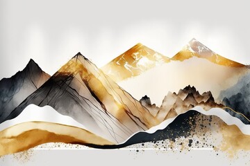 Poster - Golden mountains with sharp ridges. Beautiful, minimalistic print for your decor for postcard, congratulations and poster. Generative AI